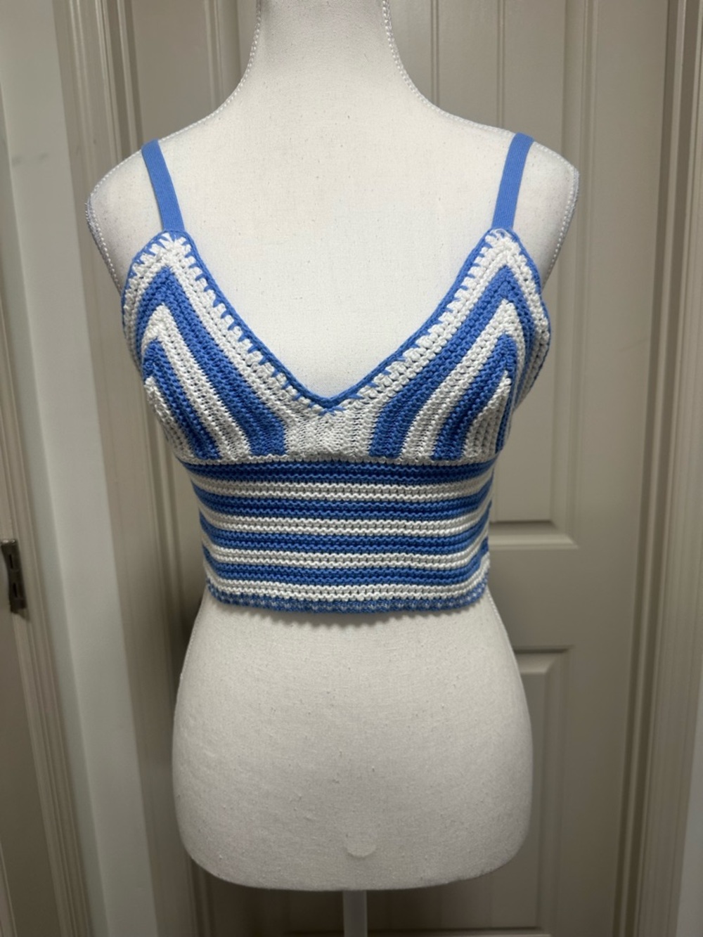 Hollister Blue and White Crochet Stripe Crop Top